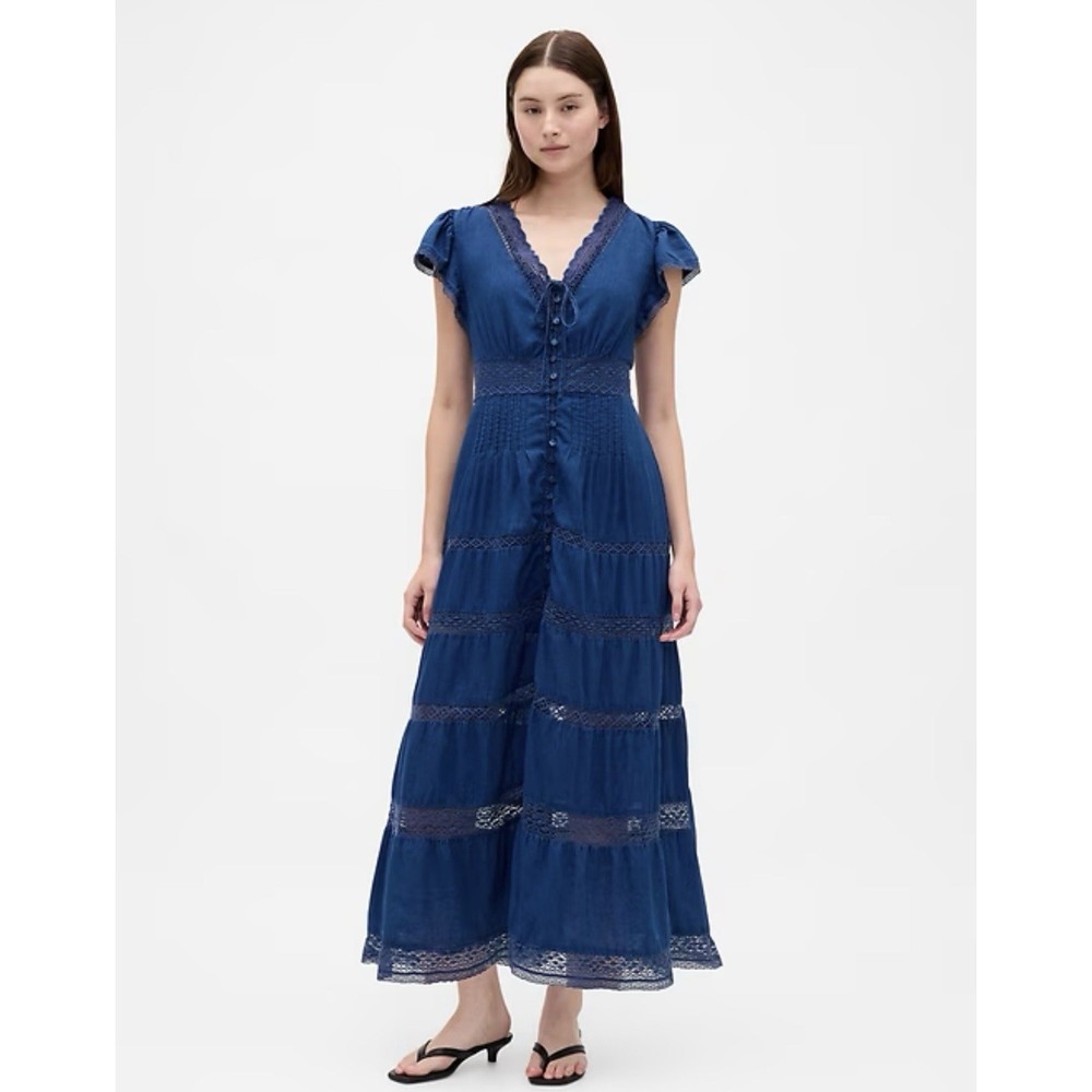 NEW! Gap Lace Trim Midi Dress Flutter Sleeves Buttons Down Front Blue SZ MP